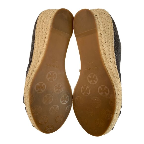 Tory Burch 11B Pewter Metallic Espadrille Wedge Heels Spain EUC 7968 Linen Peep - Picture 4 of 11